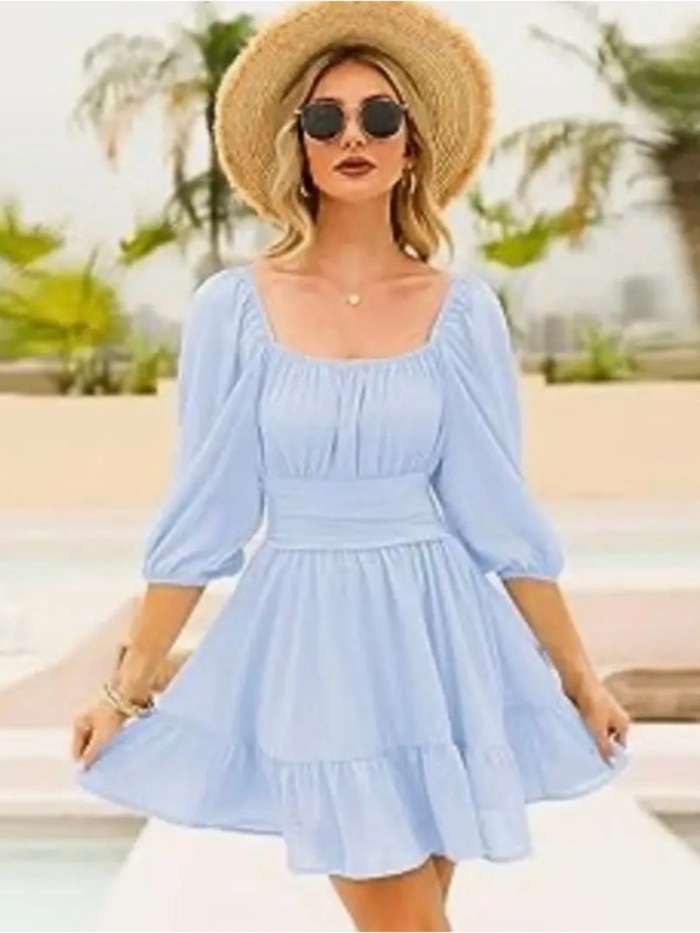 Light Blue Square-Neck Tiered Mini Dress